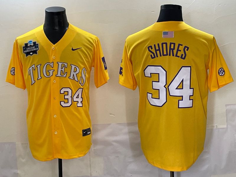 Men 2025 LSU Tigers #34 Shores Yellow Nike Joint Name Nike NCAA Jersey style 7